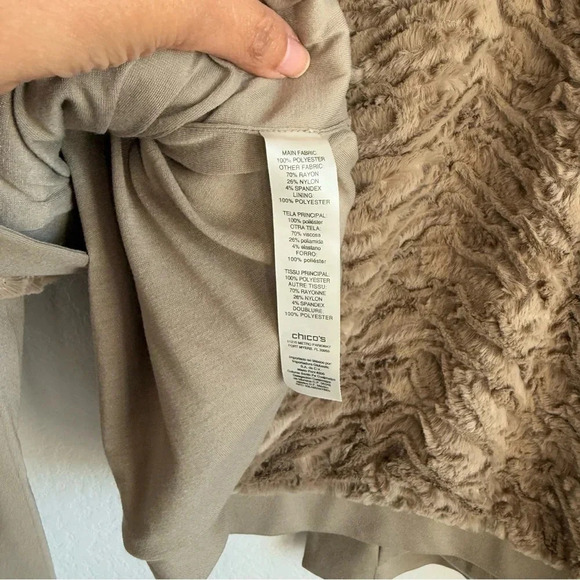 Chico’s Women Faux Fur Ponte Taupe Tan Jacket Cardigan Paneled Solid Size 3 NWOT - Picture 11 of 11